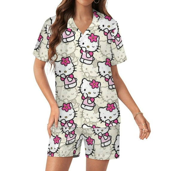 Hello Kitty Women Pajamas Set Short Sleeve Sleepwear Button Down Nightwear Soft Pjs Set with Pockets