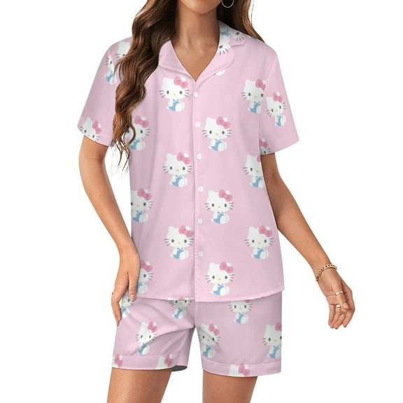 Hello Kitty Women Pajamas Set Short Sleeve Sleepwear Button Down Nightwear Soft Pjs Set with Pockets