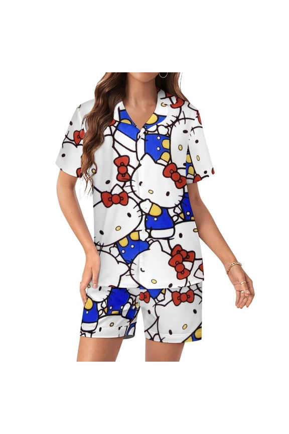 Hello Kitty Women Pajamas Set Short Sleeve Sleepwear Button Down Nightwear Soft Pjs Set with Pockets