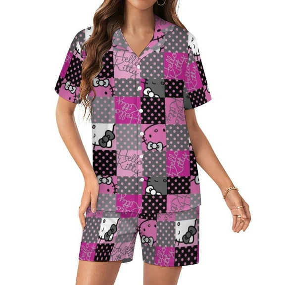 Hello Kitty Women Pajamas Set Short Sleeve Sleepwear Button Down Nightwear Soft Pjs Set with Pockets
