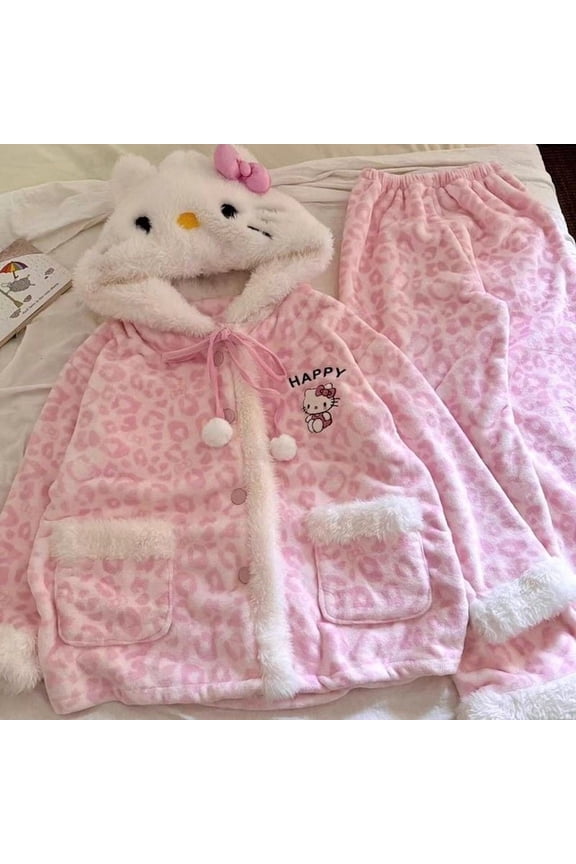 Hello Kitty Women's 2pcs Pajama Set Hooded Sleepwear Winter Warm Xmas New Year Gifts​