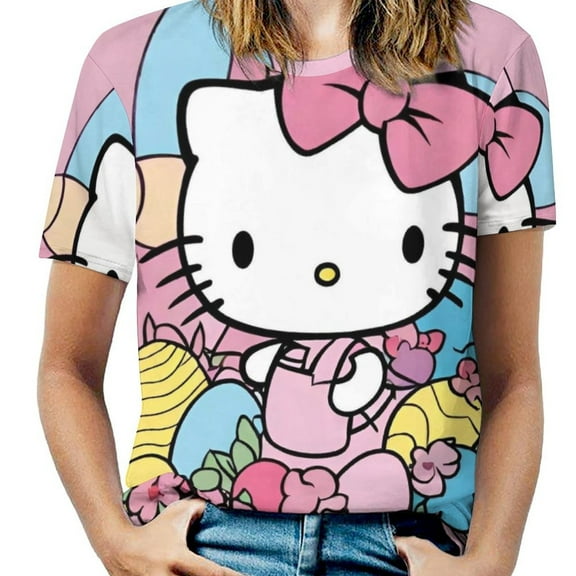 Hello Kitty Women's Casual T-shirts Crew Neck Short Sleeve Tee Shirts Trendy Tops for Outdoor Summer S