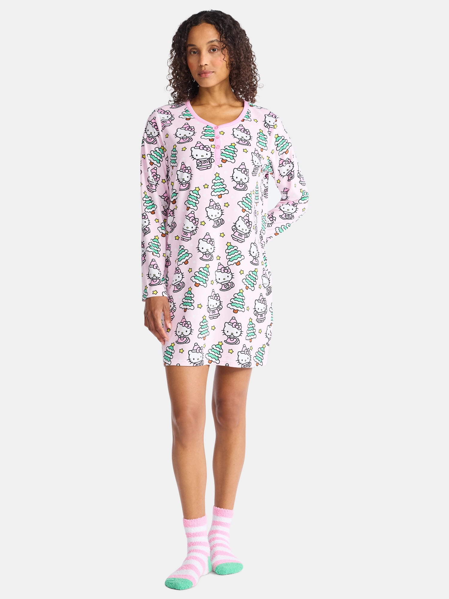 Hello Kitty Women s Henley Sleepshirt and Plush Socks Set 2 Piece Sizes XS 3X