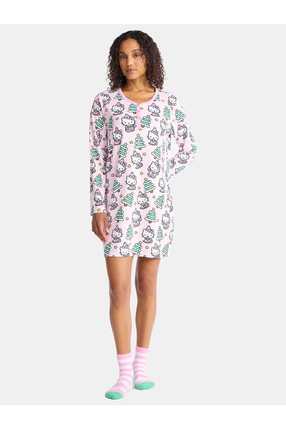 Hello Kitty Women's and Women's Plus Christmas Print Henley Sleepshirt and Plush Socks Set, 2-Piece, Sizes XS-3X