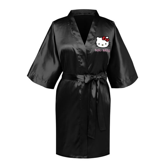 Hello Kitty Women's Imitation Silk Nightgowns Soft V Neck Lace-up Nightdress Lightweight Sleep Shirt Black