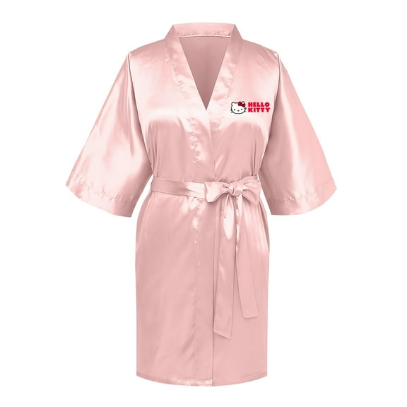 Hello Kitty Women's Imitation Silk Nightgowns Soft V Neck Lace-up Nightdress Lightweight Sleep Shirt pink