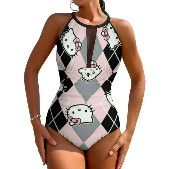Hello Kitty Women's One Piece Swimsuit High Neck Tummy Control Swimwear Bathing Suit