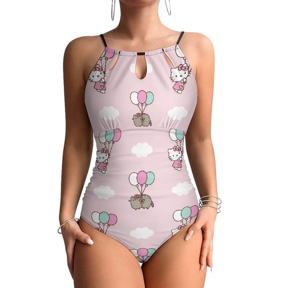 Hello Kitty Women's One Piece Swimsuit High Neck Tummy Control Swimwear Bathing Suit