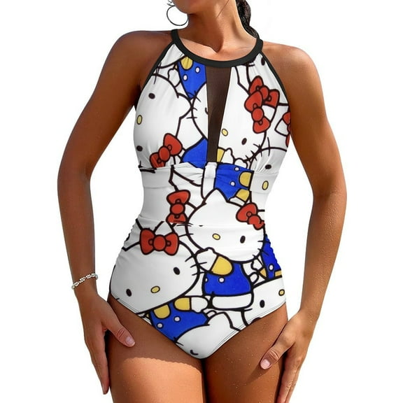 Hello Kitty Women's One Piece Swimsuit High Neck Tummy Control Swimwear Bathing Suit