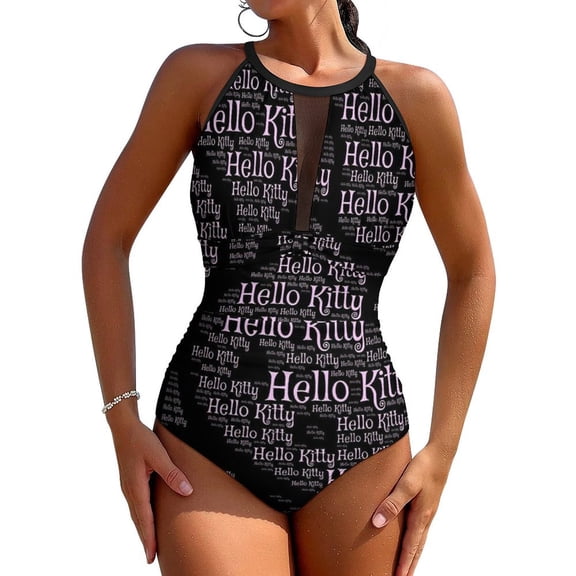 Hello Kitty Women's One Piece Swimsuit High Neck Tummy Control Swimwear Bathing Suit