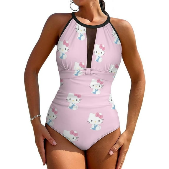 Hello Kitty Women's One Piece Swimsuit High Neck Tummy Control Swimwear Bathing Suit