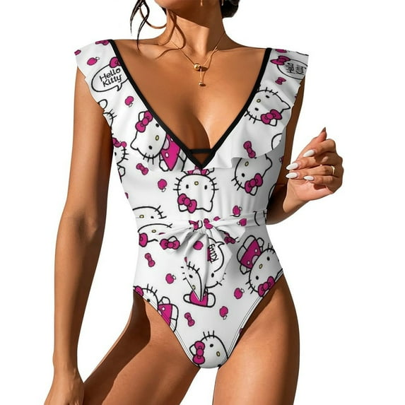 Hello Kitty Women's One Piece Swimsuit Tummy Control V Neck Bathing Suits