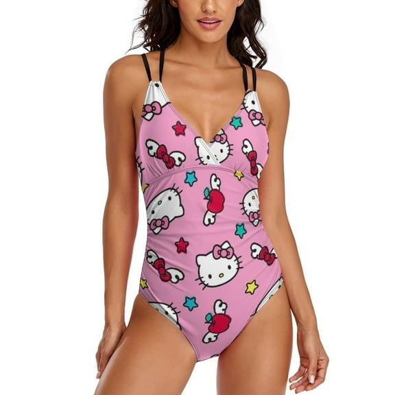 Hello Kitty Women's One Piece Swimsuit Tummy Control V Neck Bathing Suits