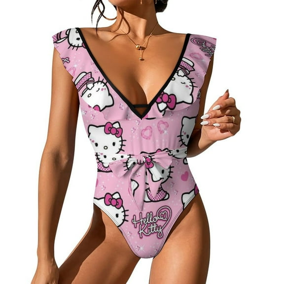 Hello Kitty Women's One Piece Swimsuit Tummy Control V Neck Bathing Suits