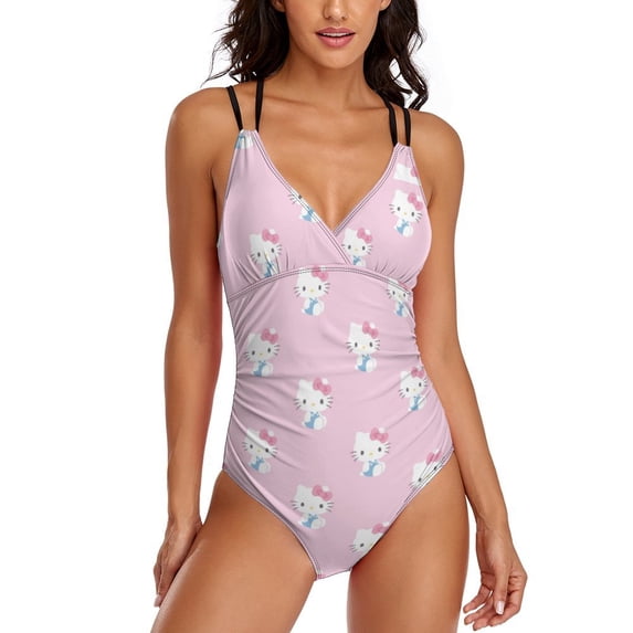 Hello Kitty Women's One Piece Swimsuit Tummy Control V Neck Bathing Suits