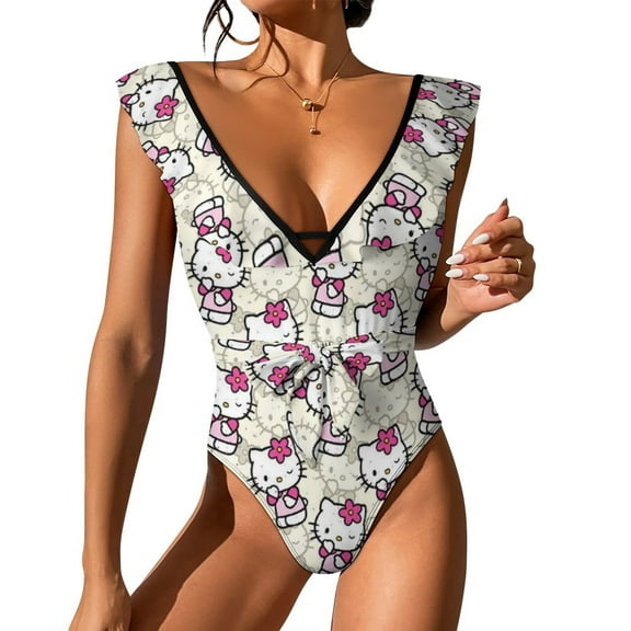 Hello Kitty Women's One Piece Swimsuit Tummy Control V Neck Bathing Suits