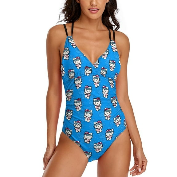 Hello Kitty Women's One Piece Swimsuit Tummy Control V Neck Bathing Suits