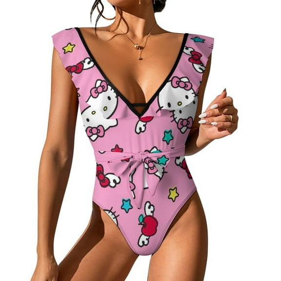 Hello Kitty Women's One Piece Swimsuit Tummy Control V Neck Bathing Suits