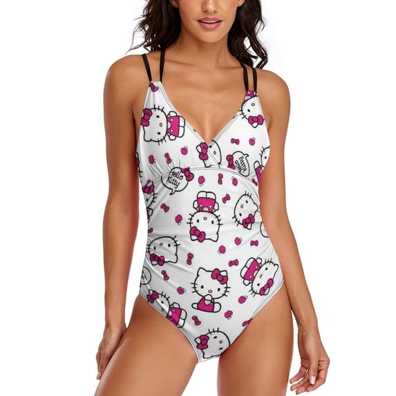 Hello Kitty Women's One Piece Swimsuit Tummy Control V Neck Bathing Suits