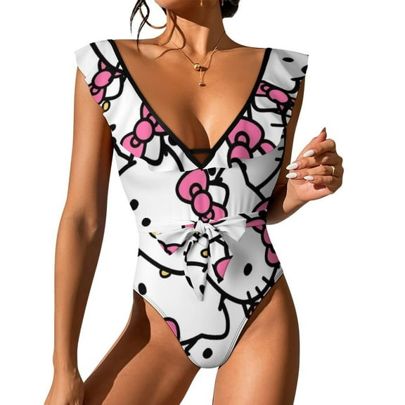Hello Kitty Women's One Piece Swimsuit Tummy Control V Neck Bathing Suits