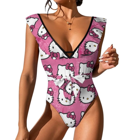 Hello Kitty Women's One Piece Swimsuit Tummy Control V Neck Bathing Suits