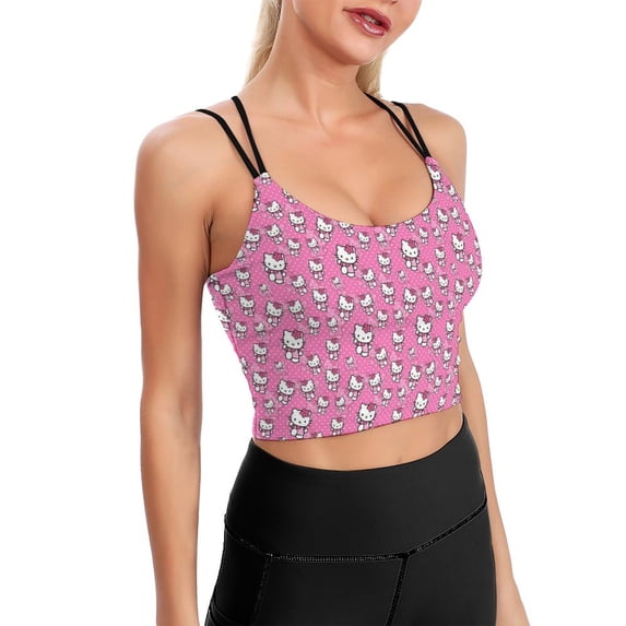 Hello Kitty Women's Strappy Sports Bras Fitness Workout Crop Tank Top Padded Yoga Top Criss Cross Back Cami