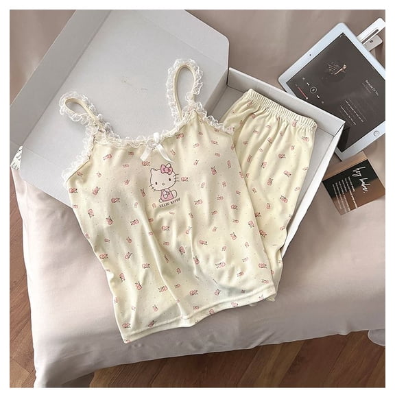 Hello Kitty Women's Summer Pajama Set - Cotton-Like Built-in Bra Camisole & Shorts, Cute Cartoon Loungewear