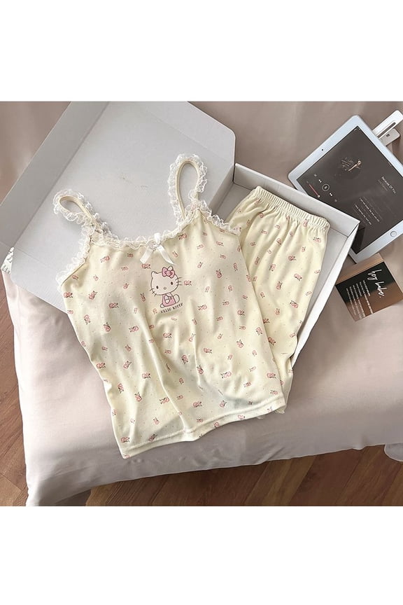 Hello Kitty Women's Summer Pajama Set - Cotton-Like Built-in Bra Camisole & Shorts, Cute Cartoon Loungewear