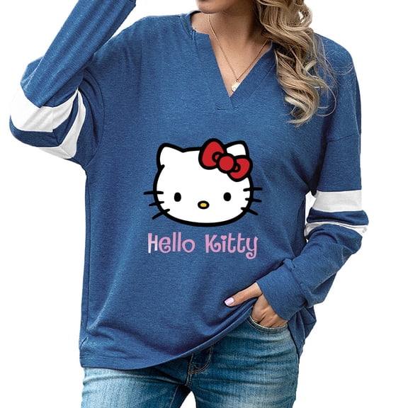 Hello Kitty Women's Sweatshirts Long Sleeve V Neck Pullover Cute Tops Women's Fall Fashion Blue