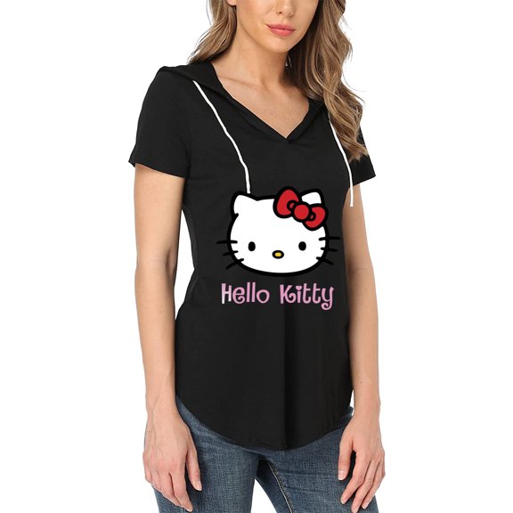 Hello Kitty Women's T shirts Casual V Neck Short Sleeve Cap Loose Summer Tunic Tops