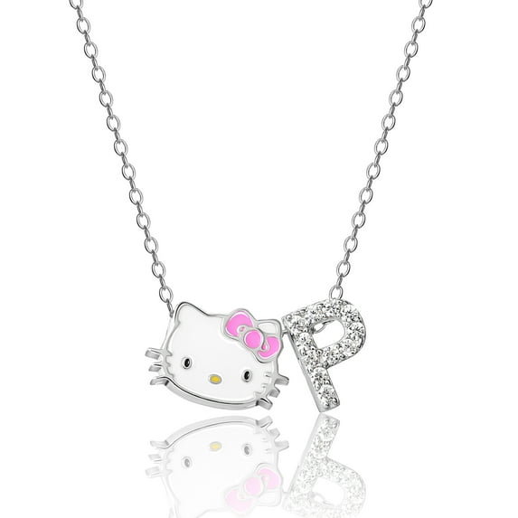 Hello Kitty Womens Enamel Hello Kitty and Sliding Pave Initial Necklace - Letter P
