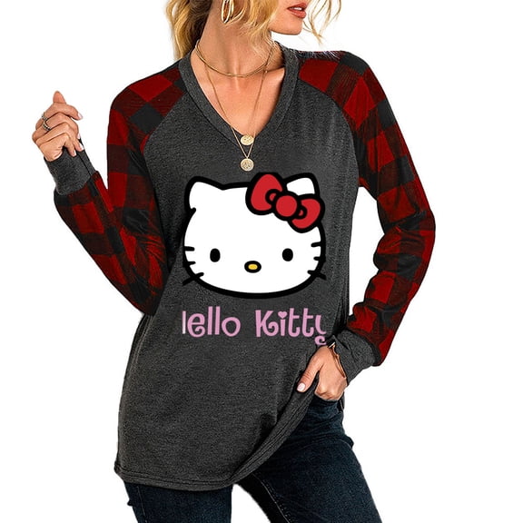 Hello Kitty Womens Long Sleeve Shirts V Neck Tops Loose Fit Causal Fall Fashion Outfits Trendy Clothes Winter 2024