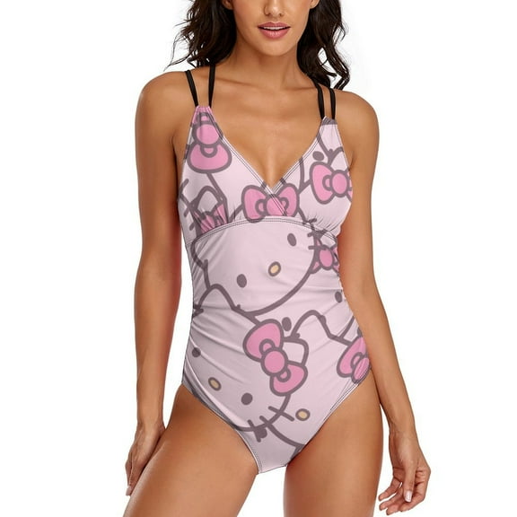 Hello Kitty Womens One-Pieces Swimsuit Sexy CirssCross Swimwear Printing Bathing Suits M