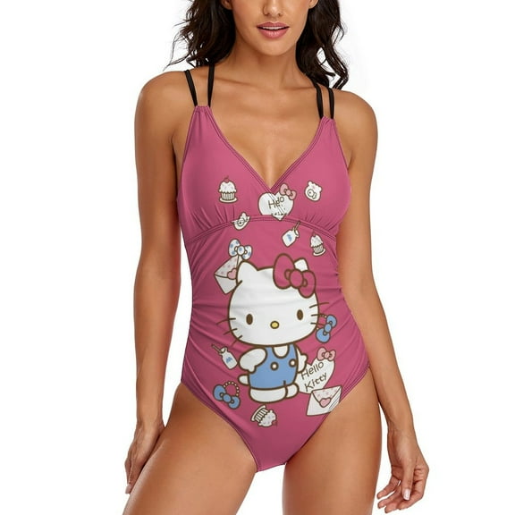 Hello Kitty Womens One-Pieces Swimsuit Sexy CirssCross Swimwear Printing Bathing Suits S