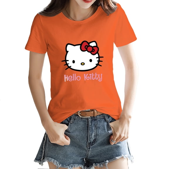 Hello Kitty Womens Short Sleeve Tops Summer T Shirts Round Neck Causal Fashion Basic Tee Orange 25Inch