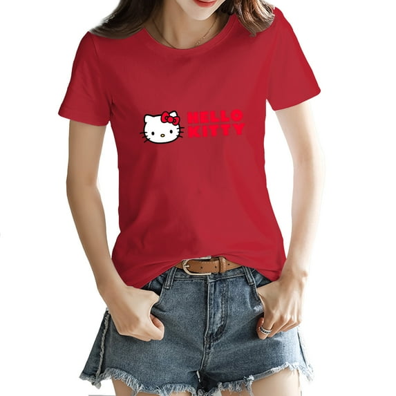 Hello Kitty Womens Short Sleeve Tops Summer T Shirts Round Neck Causal Fashion Basic Tee Red 28Inch