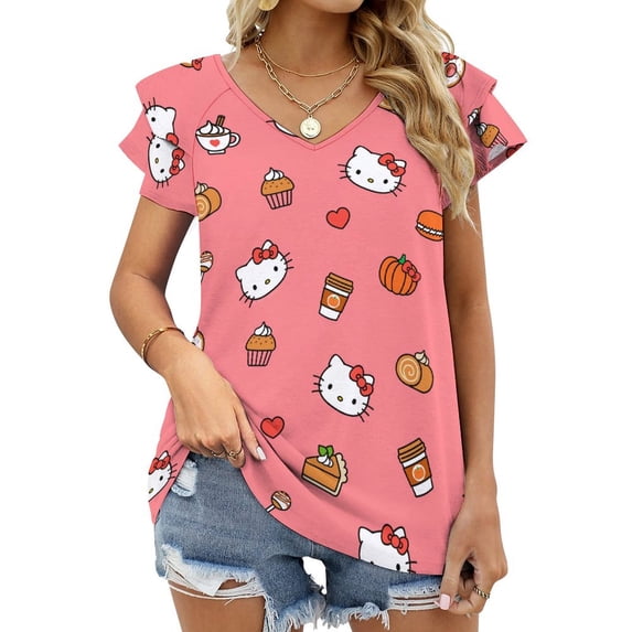 Hello Kitty Womens Summer Tops Ruffle Short Sleeve Tunic Tops V Neck Loose Fit Flowy T-Shirts