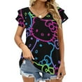 thumbnail image 1 of Hello Kitty Womens Summer Tops Ruffle Short Sleeve Tunic Tops V Neck Loose Fit Flowy T-Shirts, 1 of 7