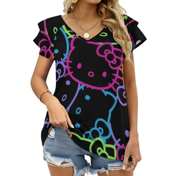 Hello Kitty Womens Summer Tops Ruffle Short Sleeve Tunic Tops V Neck Loose Fit Flowy T-Shirts