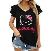 KNAKHOF Hello Kitty Womens Summer Tops Ruffle Short Sleeve Tunic Tops V Neck Loose Fit Flowy T-Shirts
