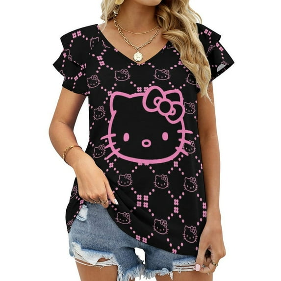 Hello Kitty Womens Summer Tops Ruffle Short Sleeve Tunic Tops V Neck Loose Fit Flowy T-Shirts