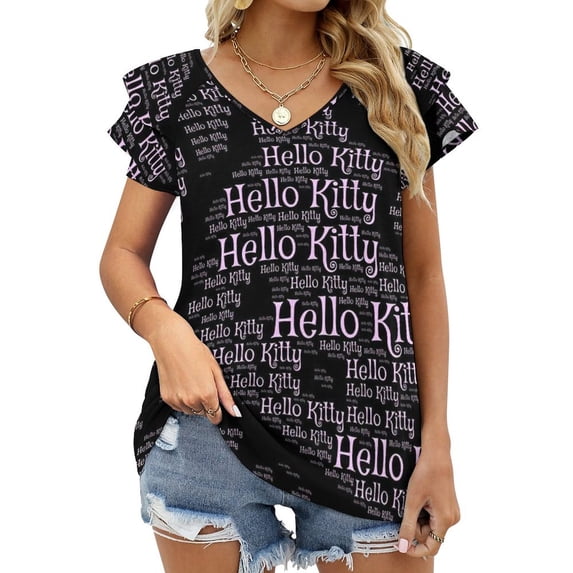 Hello Kitty Womens Summer Tops Ruffle Short Sleeve Tunic Tops V Neck Loose Fit Flowy T-Shirts