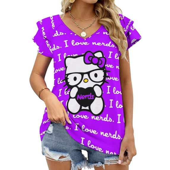 Hello Kitty Womens Summer Tops Ruffle Short Sleeve Tunic Tops V Neck Loose Fit Flowy T-Shirts