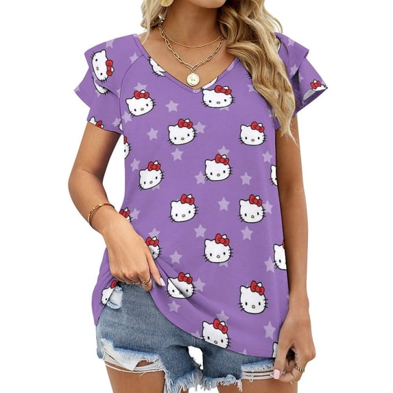 Hello Kitty Womens Summer Tops Ruffle Short Sleeve Tunic Tops V Neck Loose Fit Flowy T-Shirts