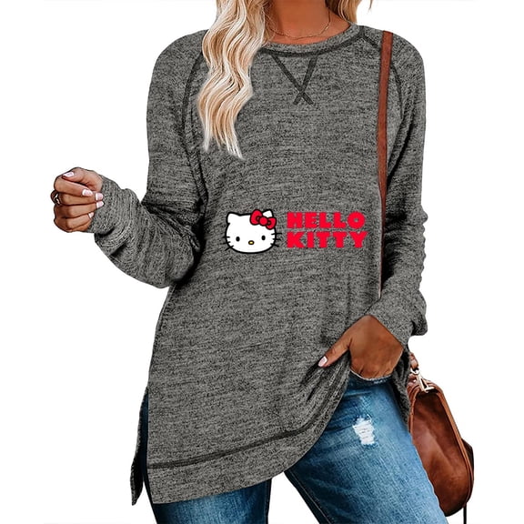 Hello Kitty Womens Sweatshirts Crewneck Loose Fitting Tops For Women Long Sleeve Shirts Pullover DarkGray