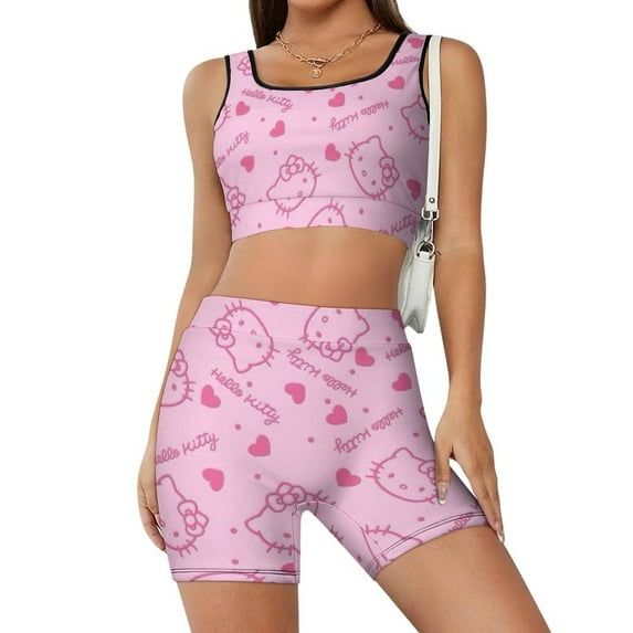 Hello Kitty Workout Outfits Sets for Women 2 Piece Crop Tank High Waist Shorts Yoga Outfits