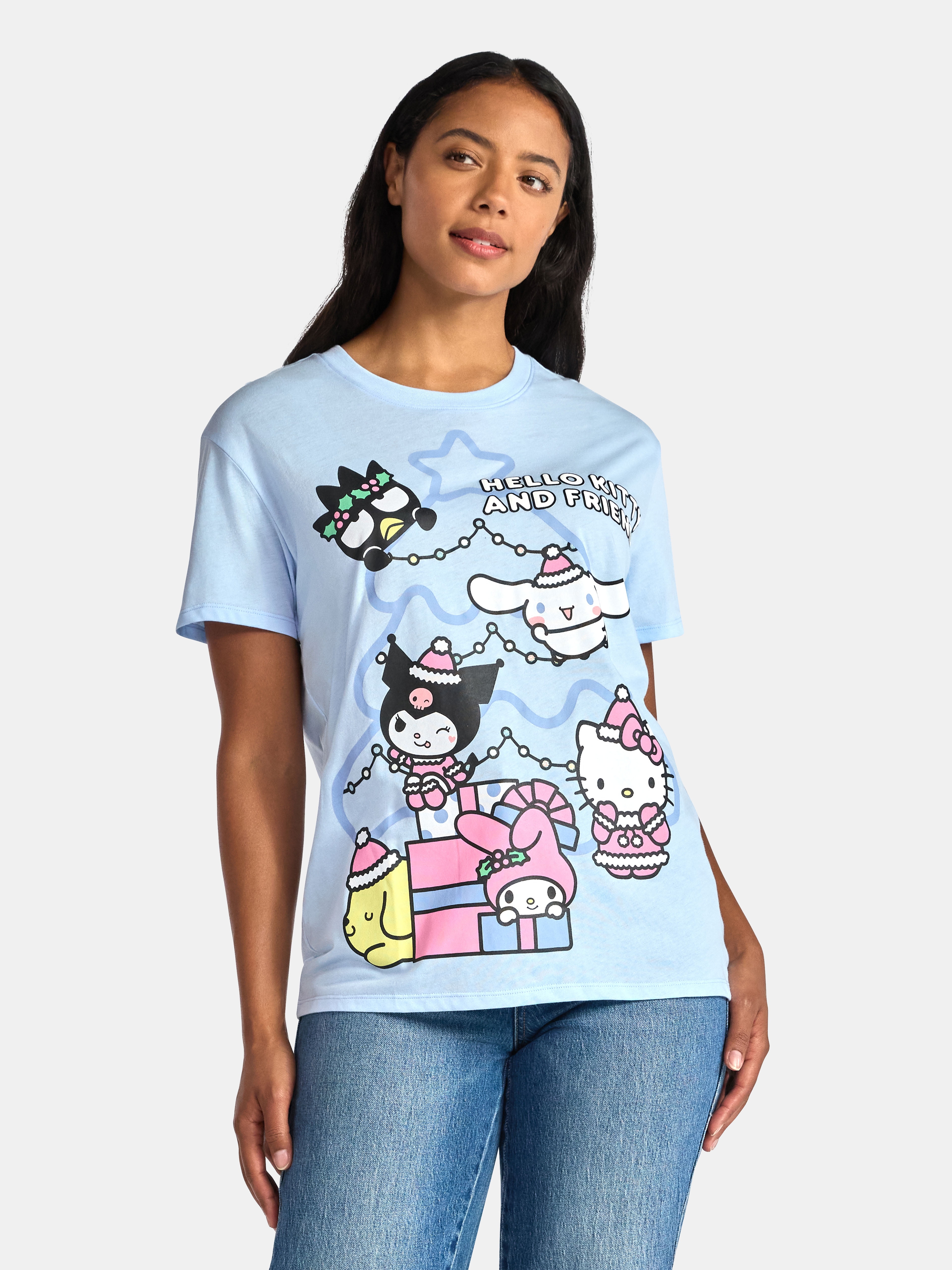 Hello Kitty & Friends Women's Christmas Front Back Graphic Tee with Short Sleeves, Sizes XXS-XXL