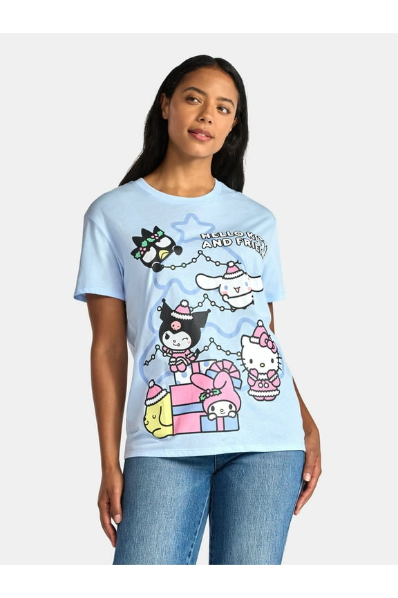 Hello Kitty & Friends Women's Christmas Front Back Graphic Tee with Short Sleeves, Sizes XXS-XXL