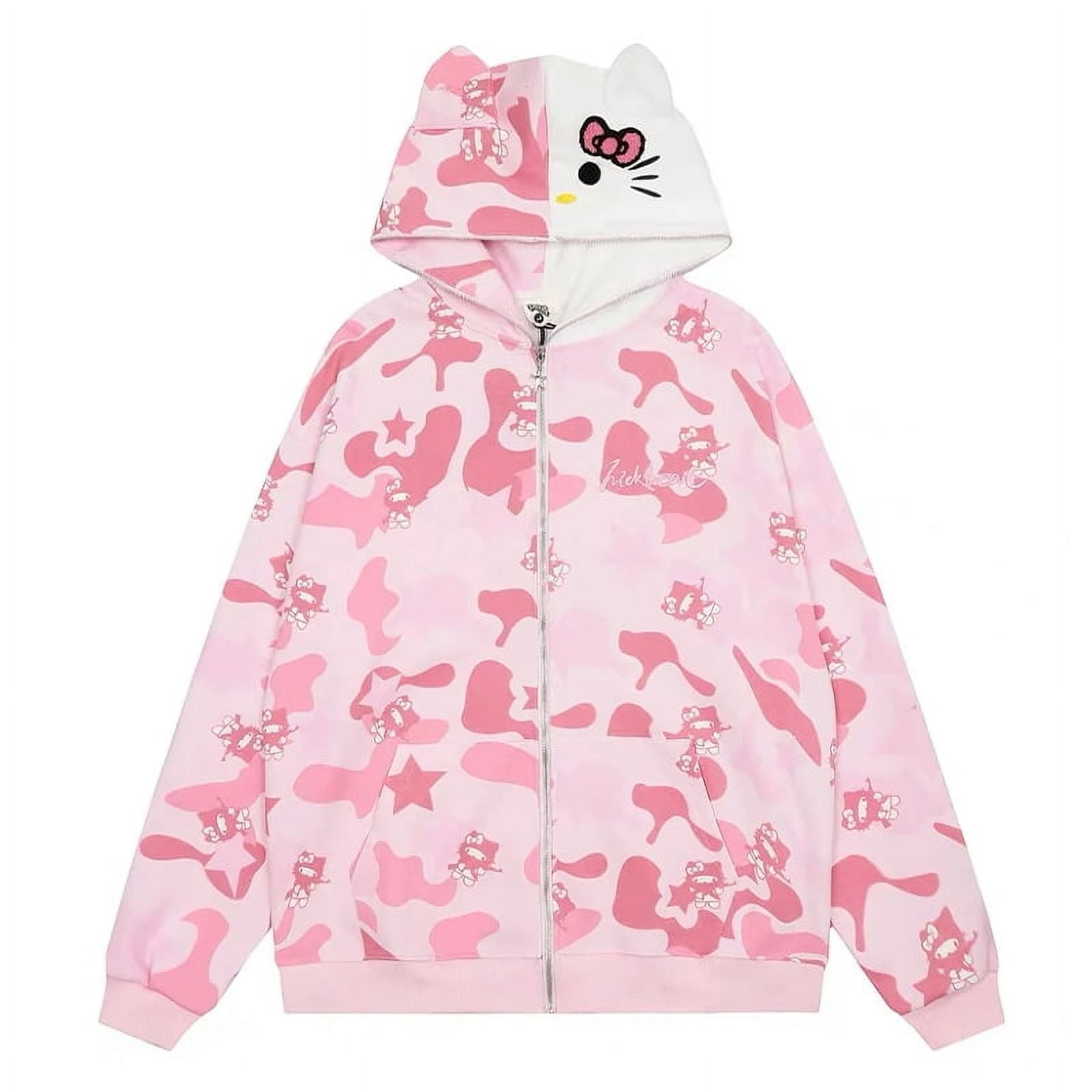 Hello Kitty Zip Hoodie Loose Cardigan Coat Streetwear Women Clothes Oversized Sweatshirt Cardigan Pure Cotton Camouflage Jacket - Walmart.com