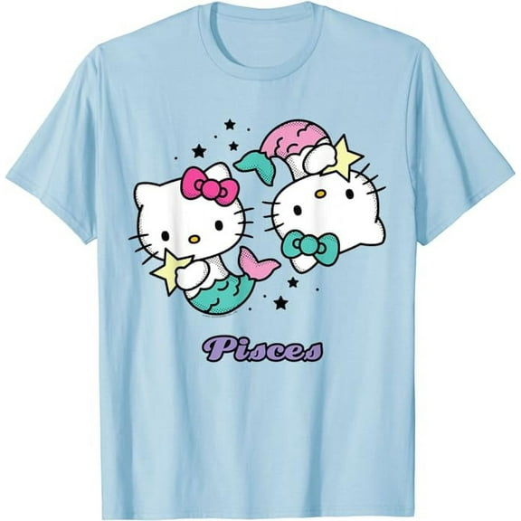 Hello Kitty Zodiac Pisces T-Shirt, Cute Tee For Men Women Cat Lovers, Light Blue Color, Size XL